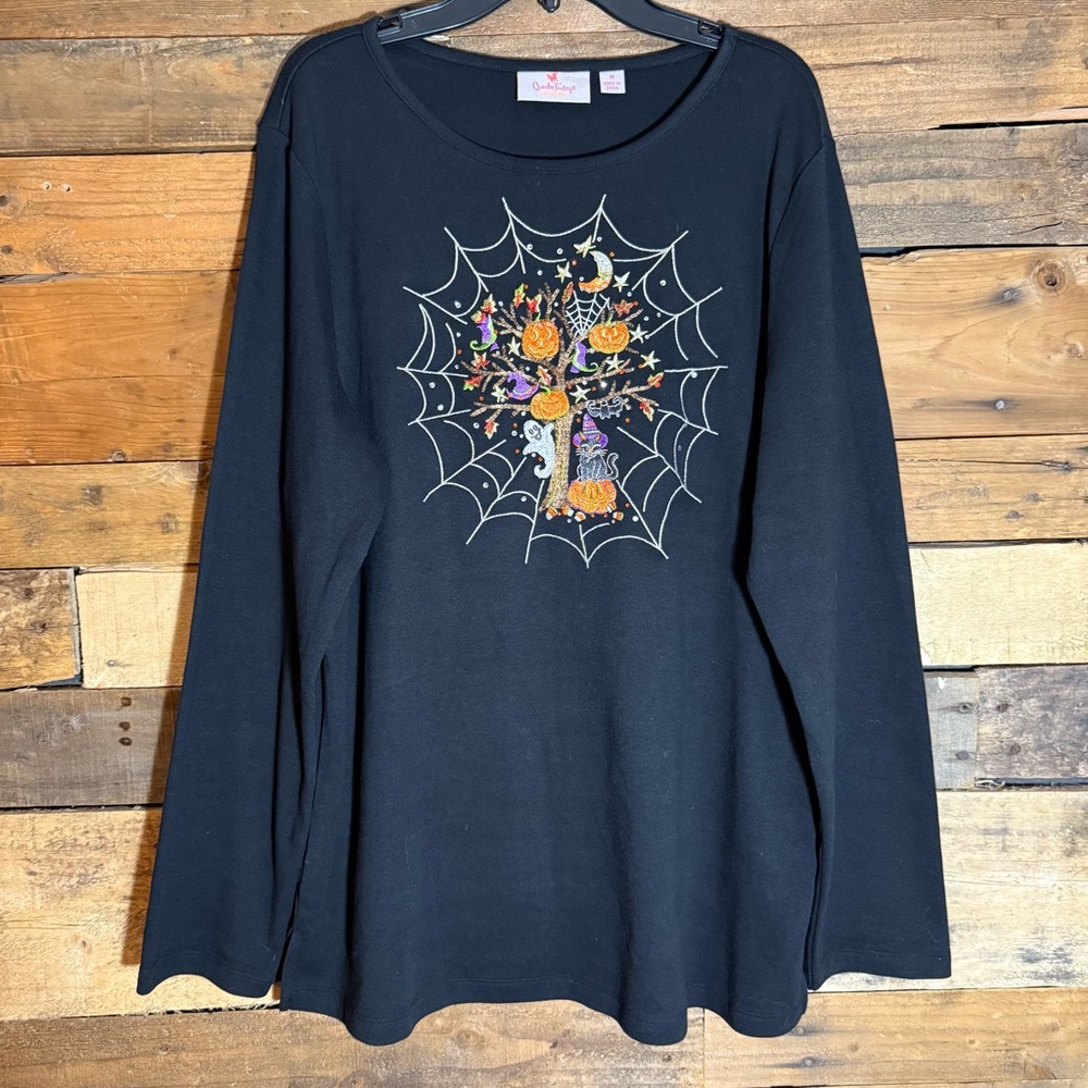 The Quacker‎ Factory Spiderweb Pumpkins Cat Ghost Black Halloween Shirt Medium